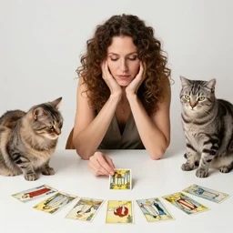 Caucasian fortune teller lady with curly hair, with cats on her side, a spread of tarot cards on a table in front of her, in a colorful tent, Alphonse Mucha, art nouveau style, full poster , n 9