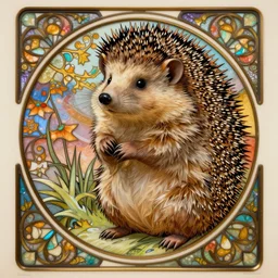 adorable hegdehog art noveau poster, by alphonse mucha, delicate, glass stained, high detailed, ornate, fantasy art