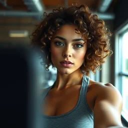 a small chin, shrek as a female influencer in gym instagram selfie photo staring at camera with curly hair in gym photo by annie leibovitz # gym # photography # beauty