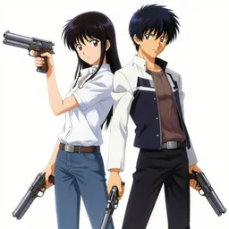 an anime couple with guns. drawn by shigenori soejima, concept art
