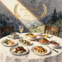 a table full of food, watercolor
