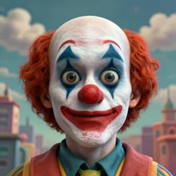 digital 3 d portrait of a clown with bulging eyes, ultrarealistic, stylized yet realistic, surreal, detailed and accurate face and anatomy, trending on artstation, unreal engine, octane render, character design by yoji shinkawa, painterly cloud background in a strange city