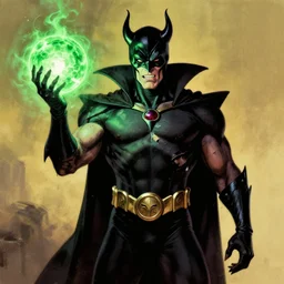 supervillain ripped physique portrait Jeremy Irons donning a Etrigan the Demon costume whilst brandishing a green glowing orb norman rockwell jean sebastien rossbach jeff easley jen bartel