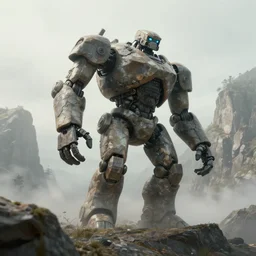 an giant rock robot walking on giant mountains during foggy weather, award winning, trending on artstation, unreal engine