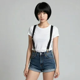 a woman with black hair and long pixie haircut in shorts with suspenders and white t-shirt drawn by george bellows, Alexandre Cabanel, norman rockwell, ralph bakshi, maler collier, frank frazetta, alphonse mucha, gustav klimt 4k, unreal 5, DAZ, french noveau, trending on artstation, octane render, hyperrealistic