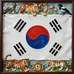 korean flag large diorama, 3 d colorful resin painting, baroque style painting backdrop, tiger, magpie, light refraction, light reflection, real porcelain texture effect,