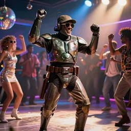 General Grievous at a disco party happy dancing with sun glasses on and a backwards hat, HD flash photograph