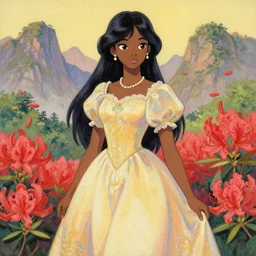 black - skinned princess of the azalea mountains, wearing a lovely dress. this gouache painting by the award - winning mangaka has an interesting color scheme, plenty of details and impeccable lighting.