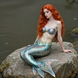 beautiful elegant redhead mermaid sitting on a stone, stunning, soft lighting, flashes, realistic wide angle, sharp focus, 8 k high, 6 4 megapixel, insanely detailed, intricate, elegant, art by artgerm and wlop