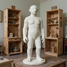 realistic photo of a a hairy human birdman sculpture by max ernst made of white clay, in a living room sci - fi laboratory with many wooden gadgets made of wood interior is made of wood 1 9 9 0, life magazine reportage photo, natural colors