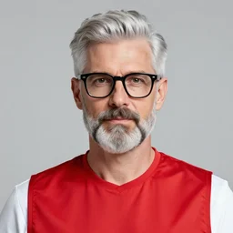 photo of a 5 0 - year old white man, silver hair, neat beard, wearing a red gilet, thick - rimmed glasses
