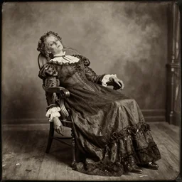 rotting corpse of woman dressed in victorian style clothes sitting in old chair, wet plate photography, amazing background, sepia, photorealistic