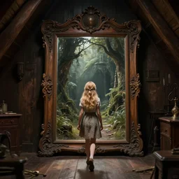 looking from behind at a very detailed, young girl with blonde hair just walking through a portal to a fantasy world embedded in large, wooden, ornate, square mirror standing in a very dark, dimly lit, photorealistic attic with wodden furnishing and dreamlike light incidence, realistic style