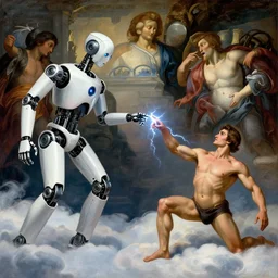 modern mechanical robot on the clouds is touching an athletic human man with lightning fingers, hal 9 0 0 0, classical religious painting, michelangelo, concept art, fritz lang