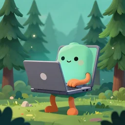 laptop wich has human legs, cartoonish cute, pine trees, magical atmosphere, trending on artstation, 3 0 mm, by noah bradley trending on artstation, deviantart, high detail, stylized portrait