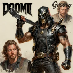 'Doom II, Doom guy with CHAINSAW HAND' mixed with 'man from #EvilDead movie Ash Williams with CHAINSAW HAND, 'Groovy'', intricate, cinematic lighting, highly detailed, digital painting, artstation, concept art, smooth, sharp focus, illustration, art by Artgerm and Greg Rutkowski, Cgsociety