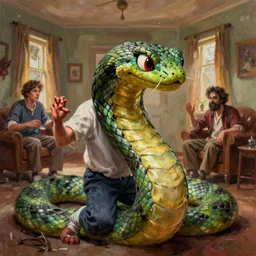 realistic portrait beautiful painting from scene in home alone movie, when human mutate into a berserk snake. horror, created by thomas kinkade and gustave courbet.