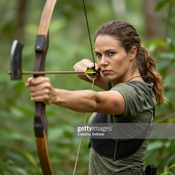 photography, female heroine in the jungle hunting with bow and arrow, with pick axe, gettyimages, realistic face