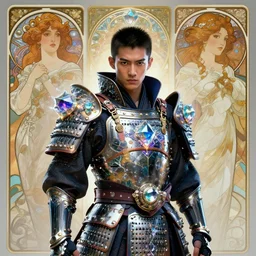 portrait of a young cyberpunk samurai man wearing a warrior armor, fantasy, regal, fractal crystal, fractal gems, by stanley artgerm lau, greg rutkowski, thomas kindkade, alphonse mucha, loish, norman rockwell.