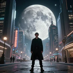 In a futuristic space city of Neo Norilsk on the Moon, a Mysterious man is standing in the middle of a street photo by Trent Parke, bright lights, a city on the Moon