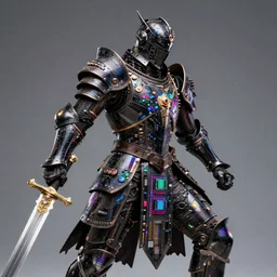 Award winning realistic complex baroque artwork of a warrior god wearing black iridescent armor, armor encrusted in tiny iridescent microchips and transistors, iridescent cybernetic processor, extreme detail, artstation, wide angle, brandishing a sword, colorful vivid octane render