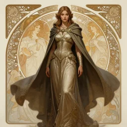 an beautiful female hunter wearing a long flowing cape, fantasy, intricate, elegant, highly detailed, D&D, digital painting, artstation, concept art, matte painting, sharp focus, illustration, in the style of Greg Rutkowski and Alphonse Mucha and artemisia, 8k,