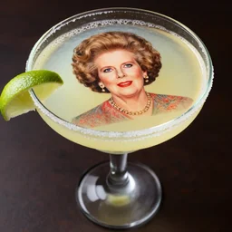 a picture of margaret thatcher imprinted on the top surface of a glass of margarita, hyper realistic, highly detailed, dramatic lighting, food photography, funny