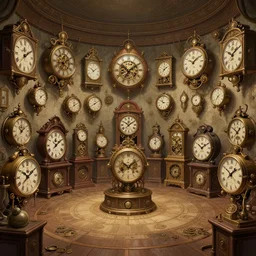 a circular common room full of antique clocks, high detail, concept art, illustration, steampunk, fantasy, mechanical, 4 k, trending on artstation