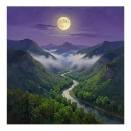 The most beautiful panoramic landscape, oil painting, where the mountains are towering over the valley below their peaks shrouded in mist. The moon is high in the sky producing a warm glow and the sky dark purple and filled with stars and cirrus clouds. The river is winding its way through the valley and the trees are vivid green, by Greg Rutkowski, aerial view