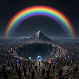 the crypt hollow world of the summoner mountain,with crowd of orbs protesting, and with the black hole rainbow event horizon in the sky, by Anton Semenov, trending on artstation, low light, dark rainbow, narrative realism,f22,highly detailed,v-ray render,photorealistic,4k hd wallpaper