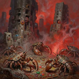 fine art oil painting varied muck jeweled, filthy rugated armored crustaceans clawing & terrified as massive brutalist structures, claustrophobic cilia sporing pox, final battle failure, red mustard gas fog, by alex nino, dan brereton torch light shot by artstation winner, macro lens, 8 k resolution