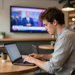 man sitting in a coffee bar on his laptop, tv with news on in the background, digital art