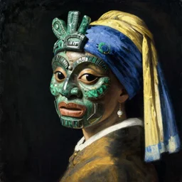 portrait of a man with tlaloc aztec mask. malachite. painting by vermeer