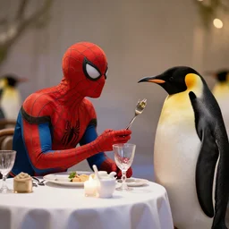 spider man in a romantic dinner with an emperor penguin