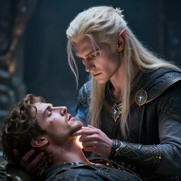 portrait of an aasimar man with platinum blonde hair healing a wounded man with holy magic, detailed, realistic, Greg Rutkowski, 4k, pensive