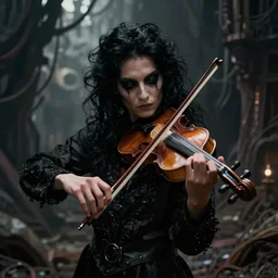 a portrait of a mysterious being playing fiddle by beksinski, enclosed dark damp liminal post apocalyptic space, unreal engine, ultra realism atmosph