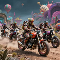 psychedelic post apocalyptic orcish biker gang, incredibly detailed motorcycles, sharp focus, psychedelic colors, artstation, cgsociety