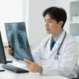 a doctor looking at an x - ray. the doctor is a cat.