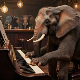 An elephant playing piano for other animals in a bar, details, smooth, sharp focus, illustration, realistic, cinematic, artstation,, award winning, artwork by Sergey Kolesov