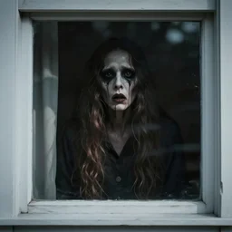 photograph of a scary figure seen through a window