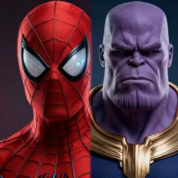 an insanely detailed portrait of spiderman and thanos, highly detailed features, sparkling eyes, in the style of peter mohrbacher, artgerm, dramatic lighting and composition, octane render, trending on artstation, concept art 8 k