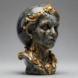a scary dark head golden gray fluid marble statue, very long, baroque, viktor antonov, sergey kolesov,