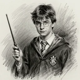 charcoal sketch of young charlie day, wearing hogwarts niform, holding wand, casey baugh