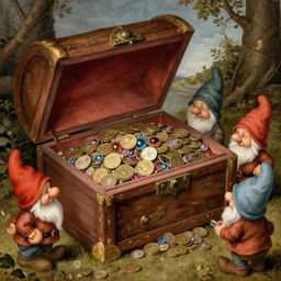 treasure chest open full of coins and gemstones | little gnomes around | fantasy | Sandro Botticelli |