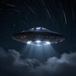 ufo by artstation jaime jasso, dark night, star trails, dramatic light, fluffy clouds, digital painting, igh detailed, 8 k render, perfect shape, hyperrealistic