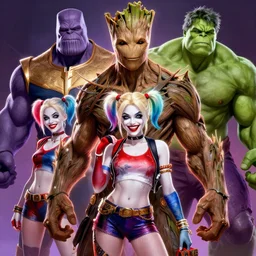 portrait of apex legends groot, thanos, harley quinn, hulk, crew shot, intricate, elegant, glowing lights, highly detailed, digital painting, artstation, glamor pose, concept art, smooth, sharp focus, illustration, art by artgerm and greg rutkowski, artey freytag