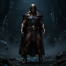 He-Man with a dark manner, atmospheric, dark and mysterious, shadowy and eerie character, ominous, cinematic, Epic, 4k, full body centered character, ultra detailed, ultra realistic, colored