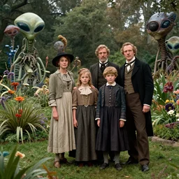 sharp, highly detailed, 9216k film, 17150mm film still from a sci fi blockbuster color movie made in 2019, set in 1860, of a family standing in a park, next to some strange alien plants and flowers, on an alien planet, the family are all wearing 1860s era clothes, enhanced faces, atmospheric lighting, 350mm f/1.4L lens