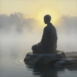 matthew snowden painting style a lonely silhouette of a meditating monk sitting in the fog on a stone protruding from the water in the rays of the morning sun, the focus of the camera on the monk.