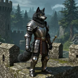 furry anthro digital video game screenshot of an anthropomorphic wolf with black fur medieval guard wearing a set of armor standing on the castle walls view of the forest in background in the The Elder Scrolls V: Skyrim